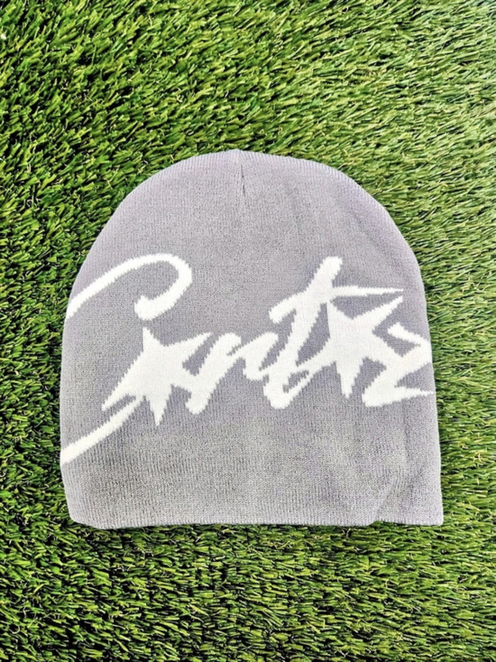 Corteiz Allstarz Folded Beanie Graphic Knit Beanie in Grey, Black And White
